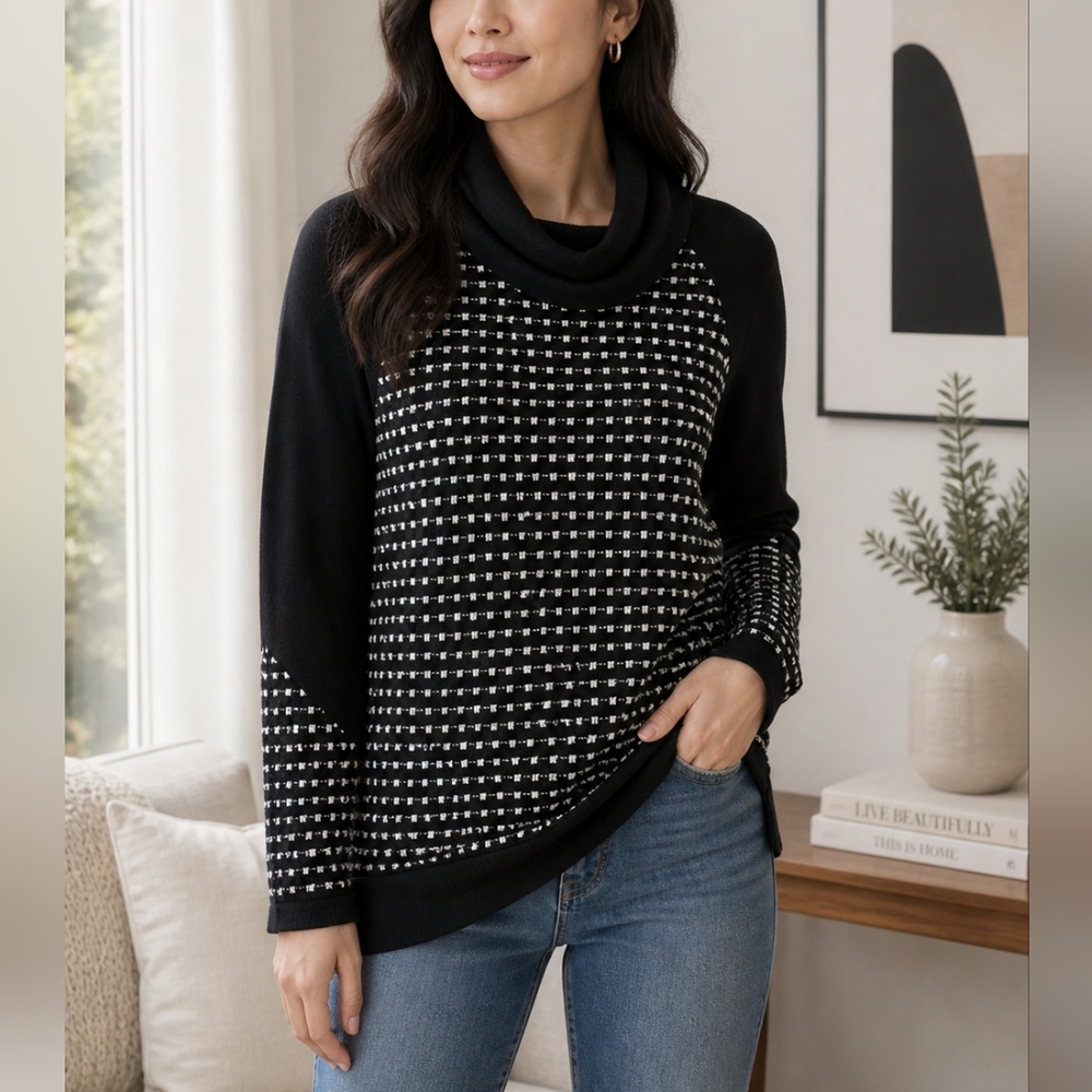 Zoe Black Turtleneck Sweater Size S Textured Knit Cowl Neck Cozy Chic Top